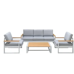 Salon de jardin aluminium BAHILA – Canapé triple, 2 fauteuils et table basse + 2 chaises