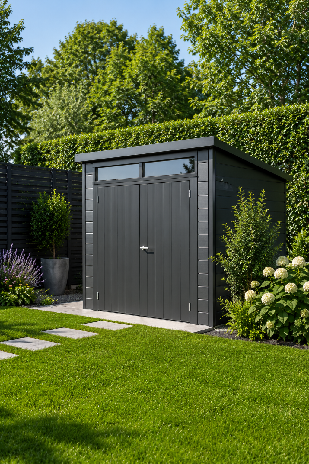 Abri de jardin moderne dans un extérieur paysager