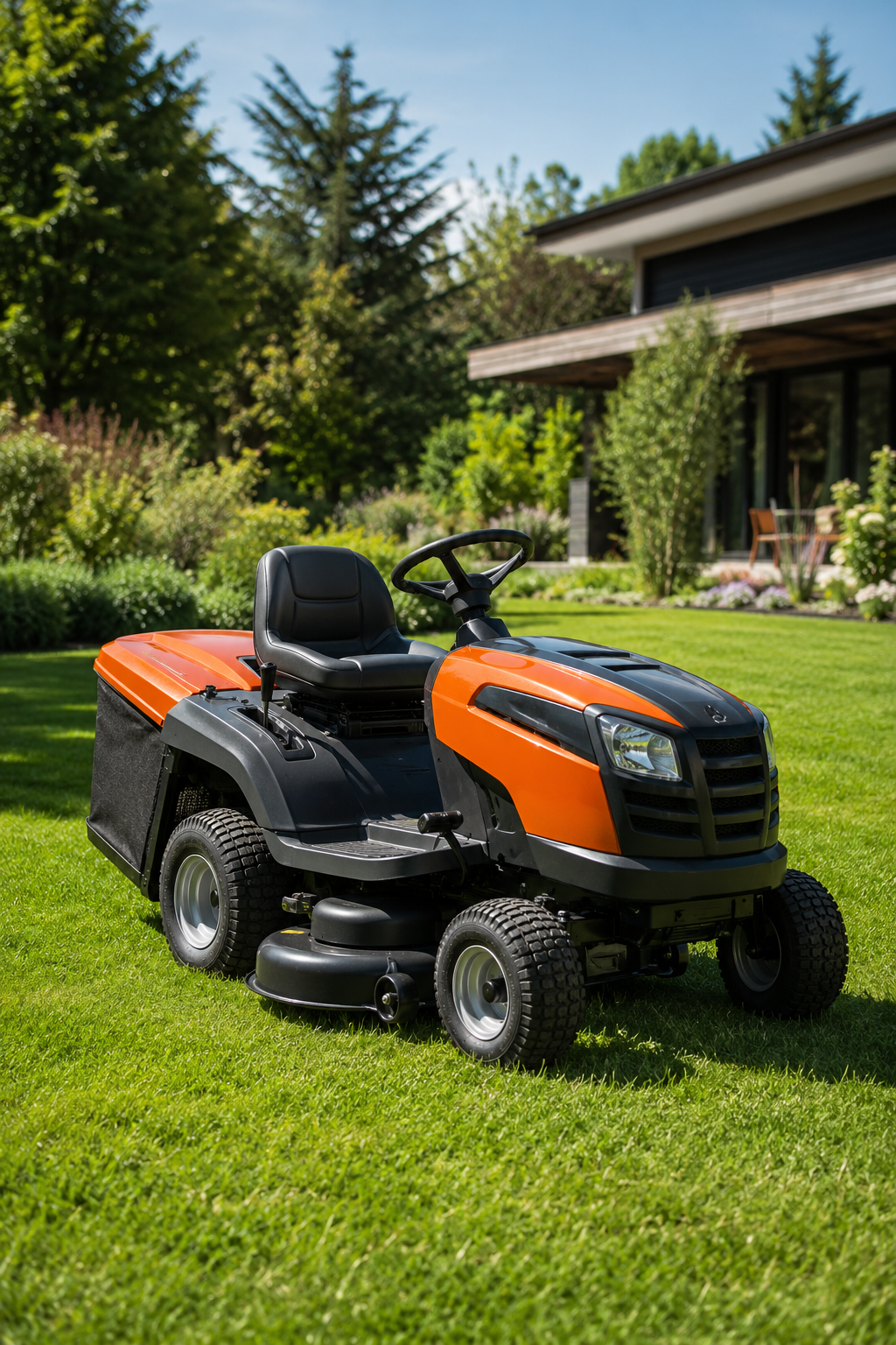 Tracteur tondeuse orange sur grande pelouse
